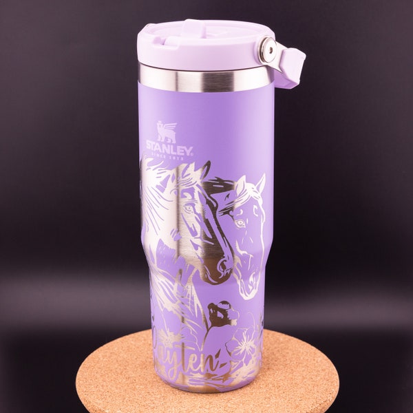 Stanley Engraved | Engraved 30oz Tumbler | IceFlow Flip Straw Tumbler | Personalized Tumbler | Custom Tumbler | Horses, Horse Bust, Floral