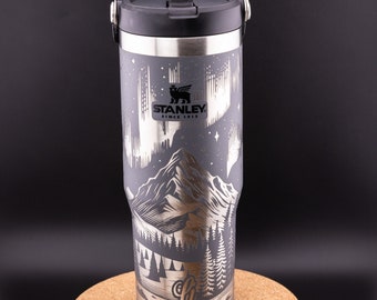 Stanley Engraved | Engraved 30oz Tumbler | IceFlow Flip Straw Tumbler | Personalized Tumbler | Mountains, Aurora Borealis, Northern Lights