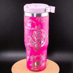 Stanley Engraved | Engraved 30oz Tumbler | Stanley IceFlow Flip Straw Tumbler | Personalized Custom Tumbler | Skulls & Roses, Halloween