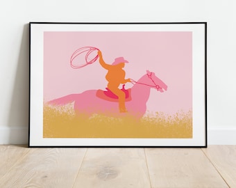Roze cowgirl-kunstprint, abstract westelijke muurdecoratie (digitale download)