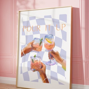 Checkered Wall Art, Girly Art Print, Toasting Art Print, Cheers wall art, cheers art print, cute art prints for bar, bar cart art print