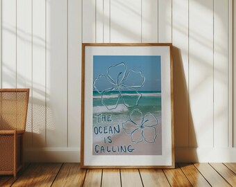 Ocean & Tropical Flower Art Print (Digital Download)
