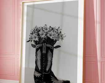 cowgirl wall art, cute cowgirl wall art, cowboy boots and flowers, black and white cowgirl photo print, black and white flower photography