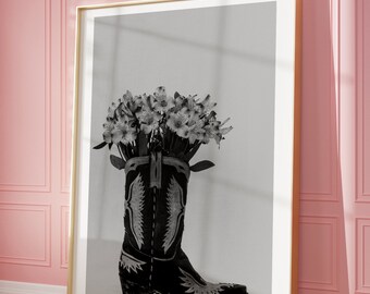 Cowgirl Boot with Flowers, Black and White Photo Print (Digital Download)