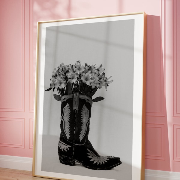 cowgirl wall art, cute cowgirl wall art, cowboy boots and flowers, black and white cowgirl photo print, black and white flower photography