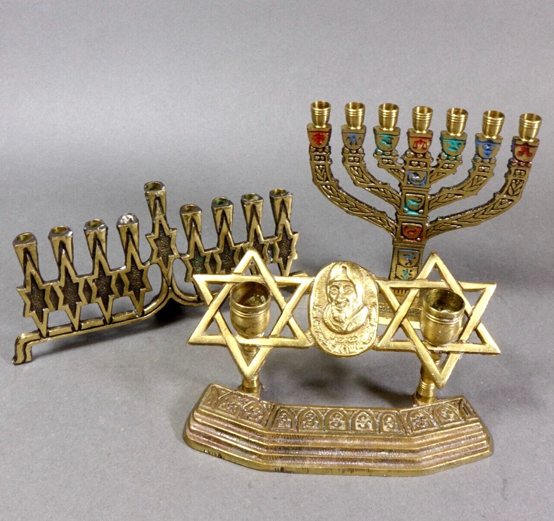 Lot of Three 3 Vintage Brass Menorahs & Shabbat Candle Holders Incl