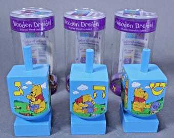 Lot of 3 Rare Disney Winnie The Pooh Wooden Hanukkah Dreidels, Chanukah, Blue