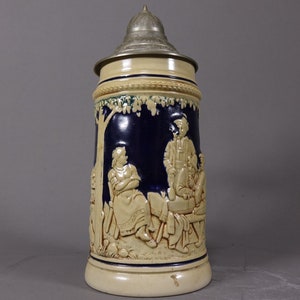 Vintage 19th Century German Beer Lidded Blue/White Stein marked 1/2L Germany