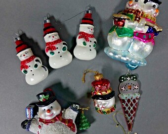 Lot of Assorted HANGING Snowman GLASS Christmas Tree Ornaments