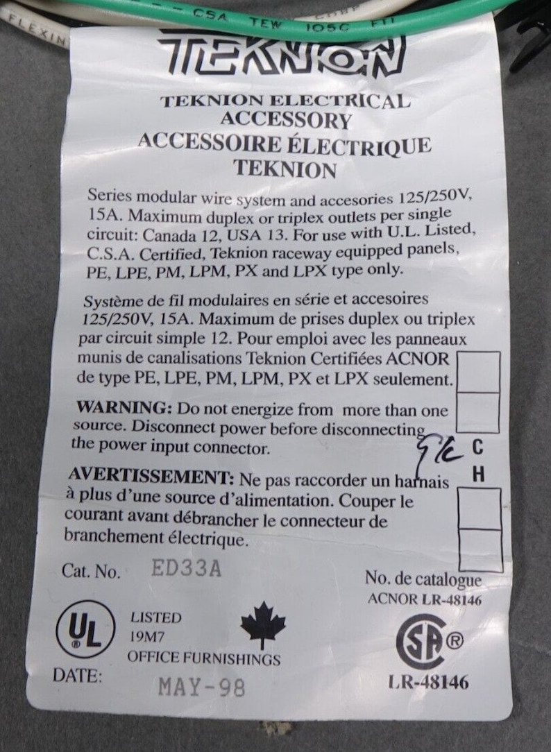 Teknion Electrical Modular Wire 1201-014 Outlet Cable Part ED33A - Etsy