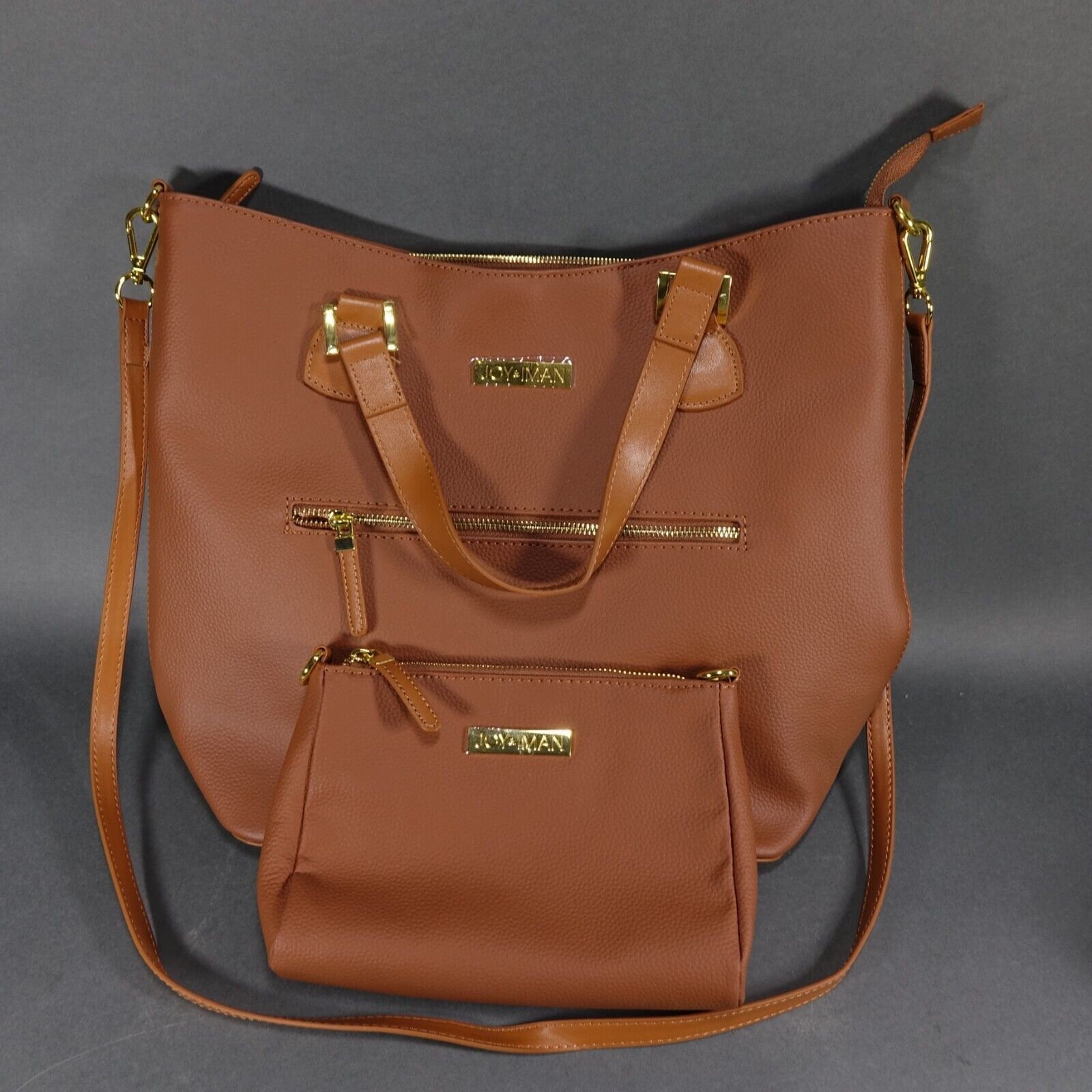 Joy and Iman Alexandria 100 Leather Tote Purse Clutch Cognac Nwot