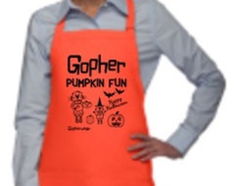Gopher Pumpkin Fun  Halloween Apron available in Adult Size, Larger Child and Smaller Child sizes.