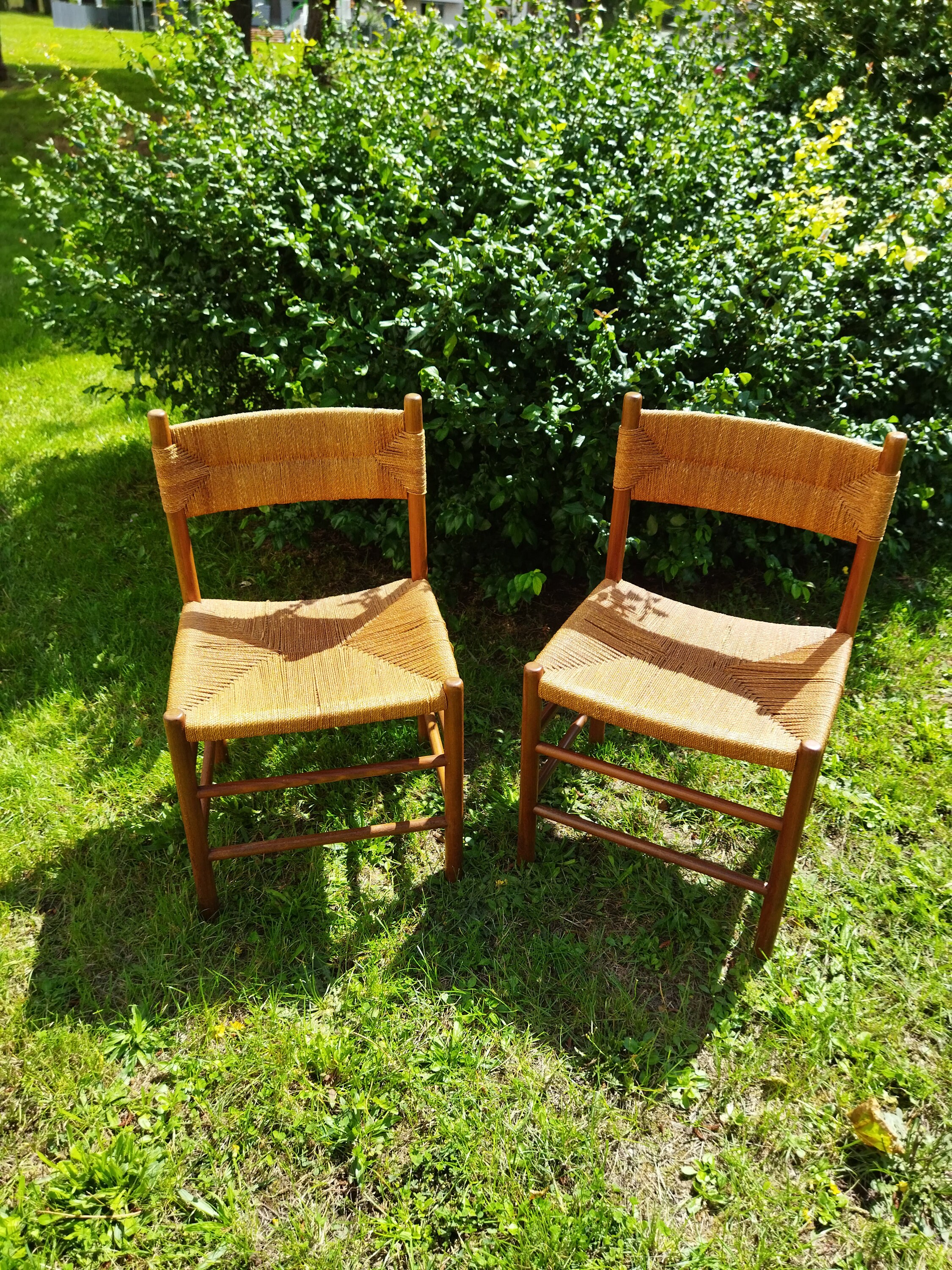 Straw and Pine Chair, Mountain Furniture by Charlotte Perriand, 1950s, Set  of 2