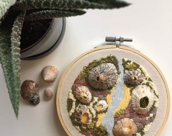 Rock Pool II - 5 inch hand embroidery with shells from Cornwall, St Ives, Carbis Bay, UK - sea, beach, seaside inspired embroidery art