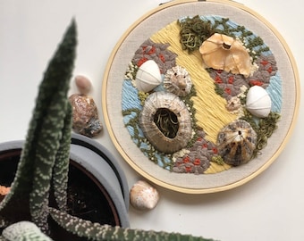 Rock Pool I - 5 inch hand embroidery with shells from Cornwall, St Ives, Carbis Bay, UK - sea, beach, seaside inspired embroidery art