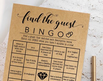May include: A brown card with the text "Find the guest BINGO" printed on it. The card is divided into a grid with 25 squares. Each square contains a different question or statement about a guest, such as "Went to high school with the bride" or "Has been married for 3 years or less".