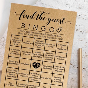 Find the Guest Bingo Printable Bridal Shower Ice Breaker Game, Couples Co-ed Shower & Wedding Table Games, Downloadable Fun, #KP1