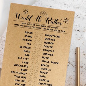 Juegos de despedida de soltera editables, idea imprimible de despedida de soltera para parejas mixtas, tarjetas de actividades rústicas de Kraft, descargables ¿Preferiría? #KP1