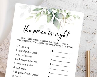 Editable Price is Right, Bridal Shower Games, Printable, Greenery Themed, Clean Bachelorette & Hen Party Games, Downloadable