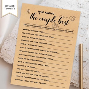 Editable Bridal Shower Games Printable, Co-ed Bride & Groom Couples Wedding Shower Game Idea, Who Knows Couple Best, Instant Download #KP