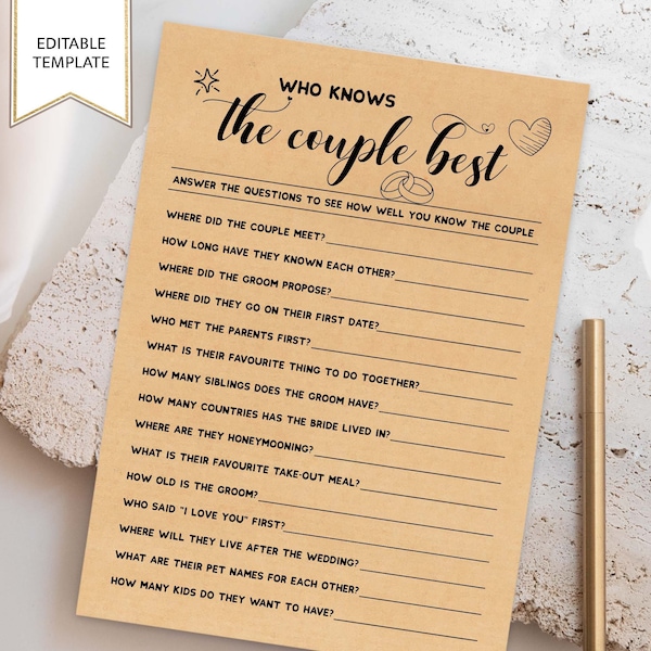 Editable Bridal Shower Games Printable, Co-ed Bride & Groom Couples Wedding Shower Game Idea, Who Knows Couple Best, Instant Download #KP