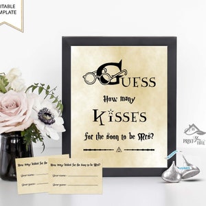May include: A printable game card with a Harry Potter theme. The card has a black and white illustration of a pair of glasses and the text "Guess How Many Kisses for the Soon to be Mrs?"