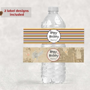 May include: Two printable water bottle label designs featuring a striped background with a red circle that says "Happy Birthday Harry!" and a second design with a vintage illustration of an owl and a building with the same red circle text.