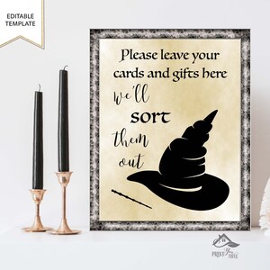 May include: A printable sign with a black silhouette of a witch's hat and the text "Please leave your cards and gifts here we'll sort them out".
