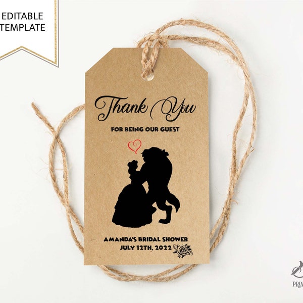 Editable Beauty & The Beast Bridal Shower Favour Tags, Printable Princess Favor Labels, Fairytale Wedding Thank You Tag, Digital Download