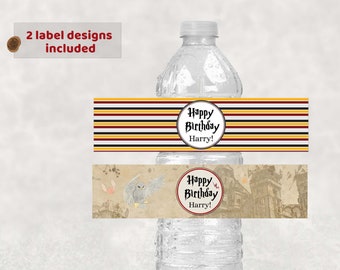 May include: Two printable water bottle label designs featuring a striped background with a red circle that says "Happy Birthday Harry!" and a second design with a vintage illustration of an owl and a building with the same red circle text.