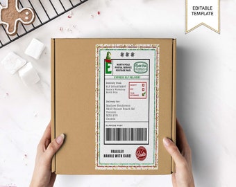 Editable Elf Mail Shipping Label, Printable Elf Mail Arrival Box Label, North Pole Santa Express Mail, Christmas Elf Props, Instant Download