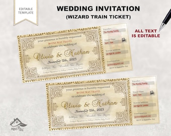 May include: A printable wedding invitation template designed to look like a train ticket. The invitation features a gold and white design with the text "Wedding Invitation (Wizard Train Ticket)" at the top. The text "your presence is humbly requested for ONE WAY TRAVEL to celebrate the wedding of Olivia & Nathan November 12th, 2023 4:00pm The Wooded Tea Room Cocktail Reception to Follow | Adults Only Event" is included on the invitation.