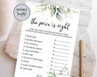 Editable Price is Right, Bridal Shower Games, Printable, Greenery Themed, Clean Bachelorette & Hen Party Games, Downloadable