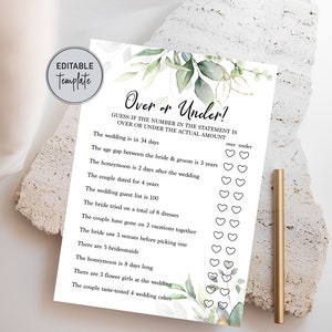 Editable Over or Under? Bridal Shower Games, Printable, C0-ed Couples Shower Idea, Wedding Shower Games, Bachelorette Party Instant Download