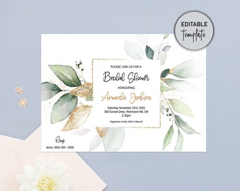 Eucalyptus bruids douche uitnodiging sjabloon, afdrukbare groen bruiloft douche uitnodiging, Boho bruids douche, bewerkbaar, Instant Download