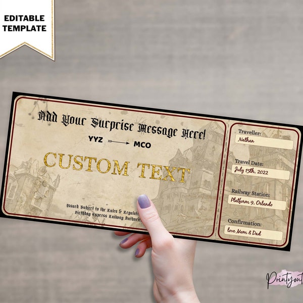 Editable Wizard Boarding Pass Template, Printable Wizarding World Trip Reveal, Surprise Trip Travel Voucher, Gift Coupon, Instant Download
