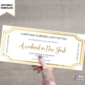 Surprise Weekend Away Gift Certificate, Trip Reveal, Printable Golden Ticket, Gift Coupon Voucher, Editable Template, Instant Download