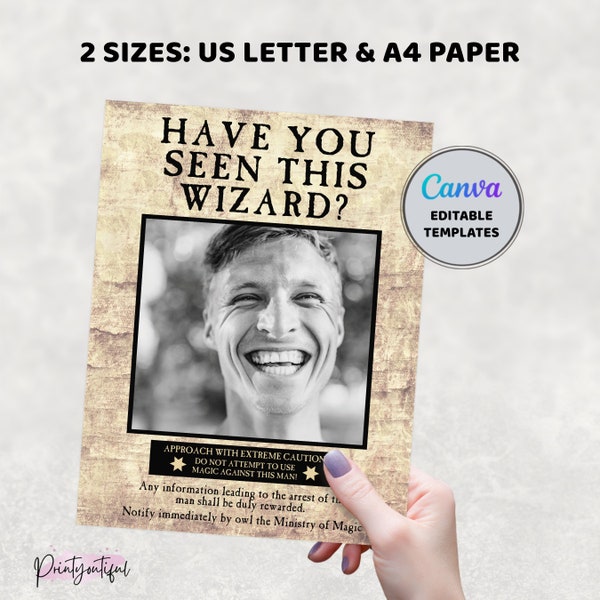 Wizard Party Poster, PRINTABLE, Birthday Party Decor, Have You Seen This Wizard, Wizarding World Wanted Portrait, Editable Digital Download