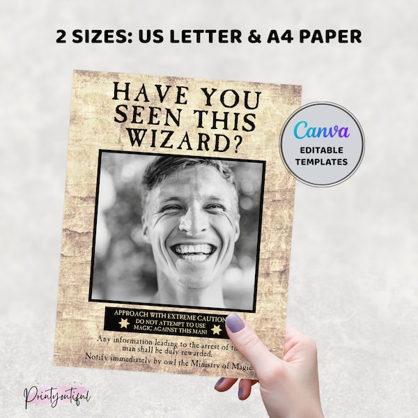 Wizard Party Poster, PRINTABLE, Birthday Party Decor, Have You Seen This Wizard, Wizarding World Wanted Portrait, Editable Digital Download