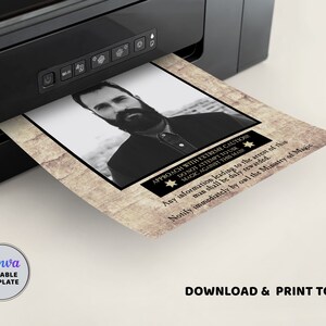 May include: A printable wanted poster template with a vintage aesthetic. The poster features a black and white photo of a man with a beard. The text on the poster reads "Approach with extreme caution. Do not attempt to use magic against this man. Any information leading to the arrest of this man shall be duly rewarded. Notify immediately by owl the Ministry of Magic."