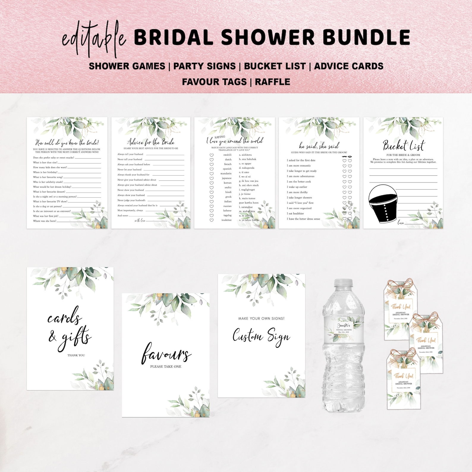 Printable Wedding Bucket List Cards, Bride and Groom, Eucalyptus ...