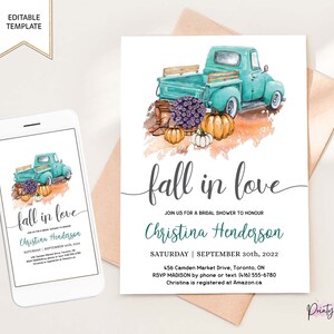 Fall in Love Bridal Shower Invitation, Printable, Fall Theme, Editable Autumn Favour Tag, Digital Invite Template, Instant Download