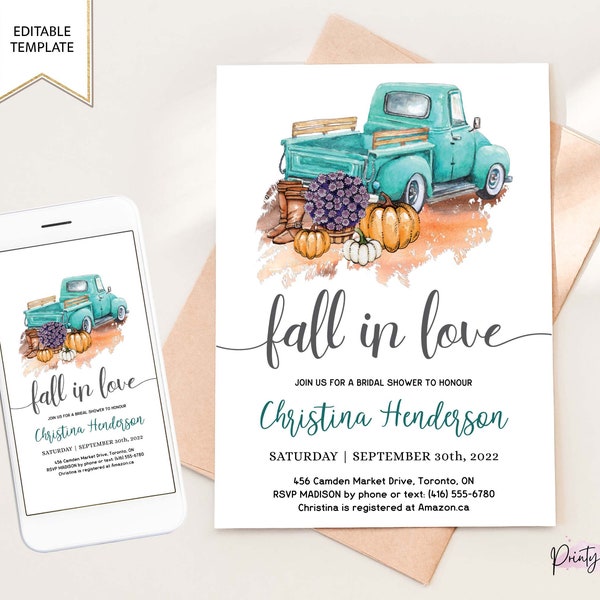 Fall in Love Bridal Shower Invitation, Printable, Fall Theme, Editable Autumn Favour Tag, Digital Invite Template, Instant Download