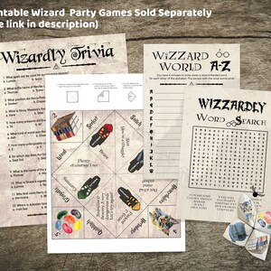 May include: A set of printable wizard-themed party games. The games include a trivia quiz, a word search, and a "Wizard World A-Z" game. The games are printed on a parchment-like background.