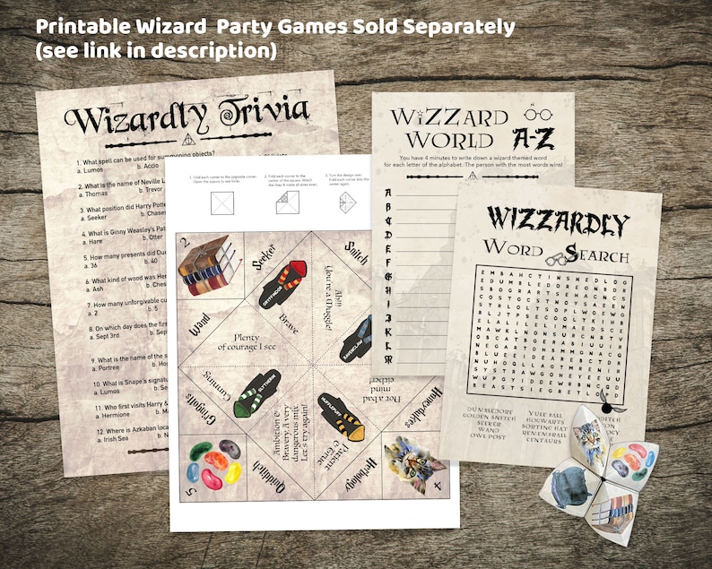 May include: A set of printable wizard-themed party games. The games include a trivia quiz, a word search, and a "Wizard World A-Z" game. The games are printed on a parchment-like background.
