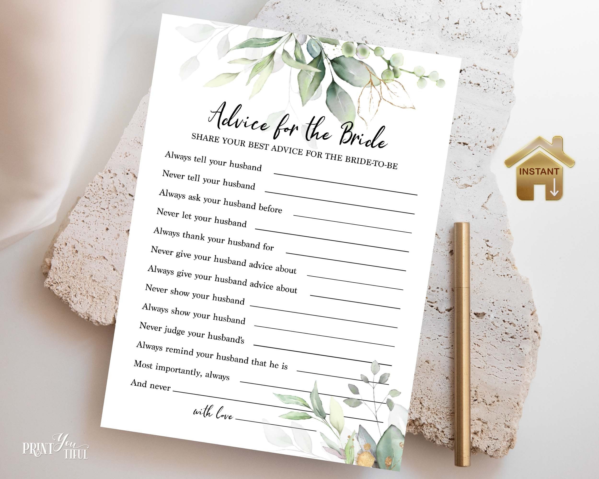 Advice for the Bride Printable Bridal Shower Games Marriage - Etsy