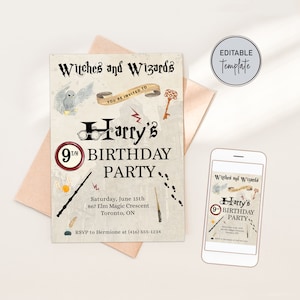 Editable Wizard Birthday Invitation, Magical Birthday Party Invite, School of Witchcraft Printable Digital Invite, Downloadable Template