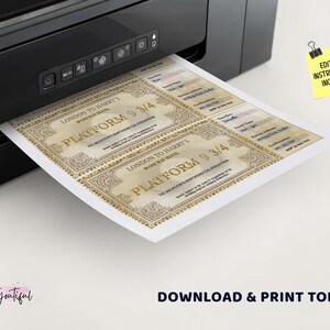 May include: Printable Harry Potter themed party invitation with a vintage train ticket design. The ticket says "London to Harry's World of Travel Platform 9 3/4".