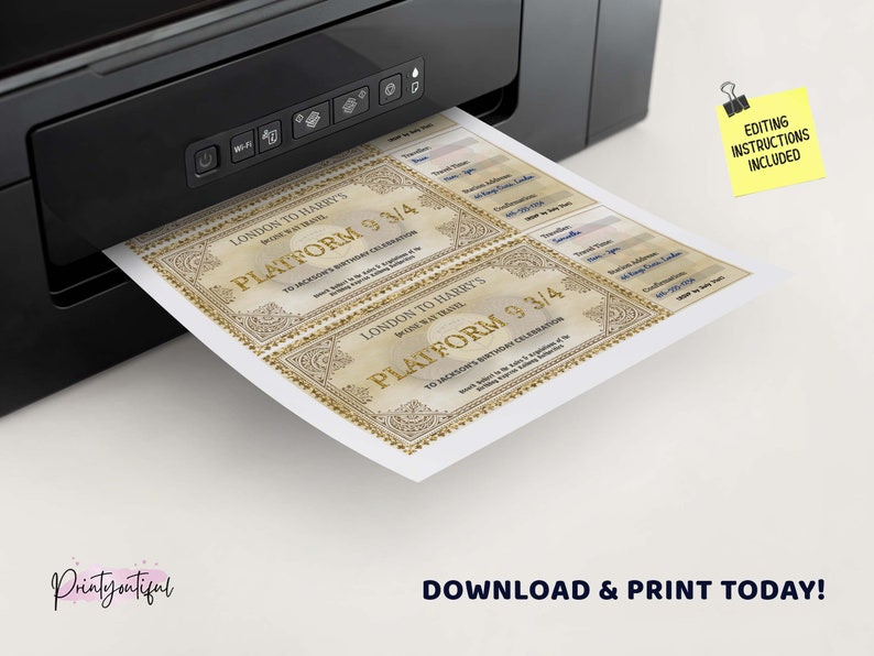 May include: Printable Harry Potter themed party invitation with a vintage train ticket design. The ticket says "London to Harry's World of Travel Platform 9 3/4".