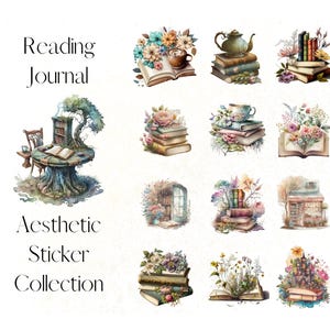 Könnte beinhalten: Aquarellillustrationen von Büchern, Blumen und Teetassen. Der Text "Reading Journal Aesthetic Sticker Collection" ist enthalten. Die Aufkleber haben eine Vintage-Ästhetik, ideal für Journaling und Scrapbooking.